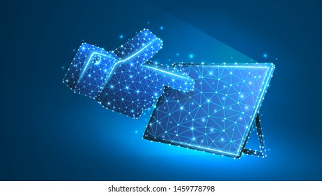 Human hand silhouette pointing on a tablet screen. Touchscreen, finger click concept. Abstract, digital, wireframe, low poly mesh, vector blue neon 3d illustration. Line dot