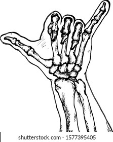 A human hand skeleton making the shaka sign for hang loose. Hand drawn vector illustration. 