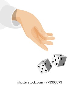 Human hand with sleeve and dice that drop down