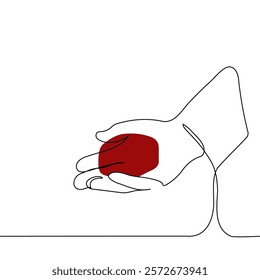 human hand with small red box on palm - one line art vector. engagement concept, hand proposal