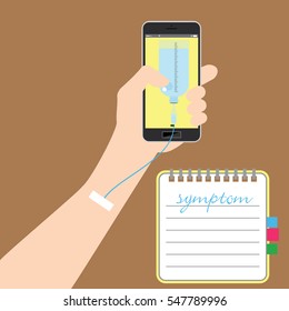 Human hand with smart phone and saline apps. Vector illustration social addiction internet on-line concept.