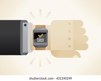 Human hand with smart watch and Friend added text message and check mark on screen.
Idea - Mobile social networking, online friendship.