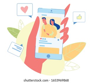 Human Hand with Smartphone and Happy Loving Couple on Screen, Girl Blogger Posting her Picture with Boyfriend in Social Media Networks for Likes and Followers Comments Cartoon Flat Vector Illustration