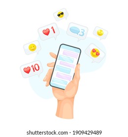 Human Hand with Smartphone Messaging in Chat Software Vector Illustration