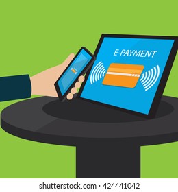 Human hand with Smart-phone nfc payments concept, E-payment technology. vector illustration in flat design.
