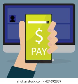 Human hand with Smart-phone nfc payments concept, E-payment technology. vector illustration in flat design.