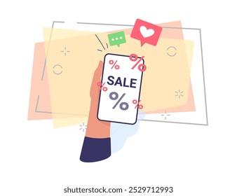 Human hand with smartphone with sale lettering on screen. Man shopping online, using mobile app, internet or WIFI. Marketing, e-commerce, store, sale concept for poster or banner design