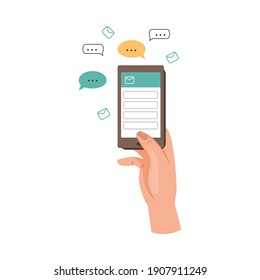Mano humana con Smartphone enviando correo electrónico y mensajes de texto en la ilustración del vector de Internet