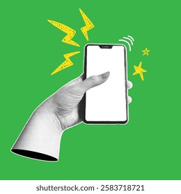 Human hand with a smartphone. Trendy collage banner with hand holding mobile phones. Modern art with halftone effects. Vector pop art illustration.