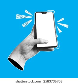 Human hand with a smartphone. Trendy collage banner with hand holding mobile phones. Modern art with halftone effects. Vector pop art illustration.