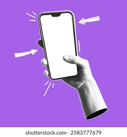 Human hand with a smartphone. Trendy collage banner with hand holding mobile phones. Modern art with halftone effects. Vector pop art illustration.