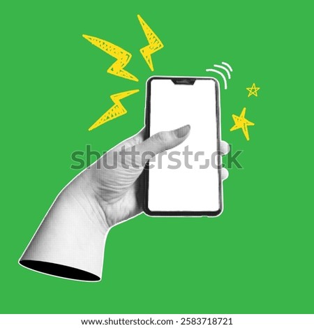 Human hand with a smartphone. Trendy collage banner with hand holding mobile phones. Modern art with halftone effects. Vector pop art illustration.