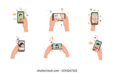 Menschliche Hand mit Smartphone mit Online-App zum Chattieren von Vektorset