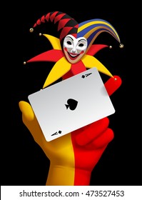 Human hand with a smiled Joker head and ace of Spades playing card isolated on the black background. Vector illustration