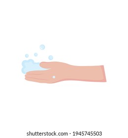 human hand with soapy foam over white background, flat style, vector illustration