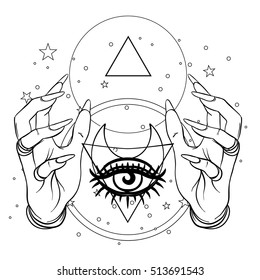 Human hand with space and sacred geometry symbols. Dotwork tattoo flash design. Vector illustration isolated on white. Eye of Providence. Masonic symbol. All seeing eye. Sacred geometry, occultism.