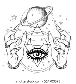 Human hand with space and sacred geometry symbols. Dotwork tattoo flash design. Vector illustration isolated on white. Eye of Providence. Masonic symbol. All seeing eye. Sacred geometry, occultism.