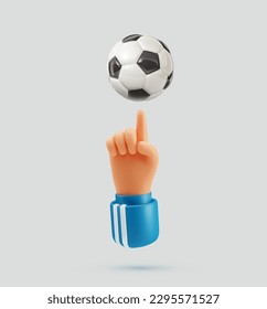 Human hand spinning soccer ball on the finger cartoon illustration . Football players arm holding ball on finger isolated design elements. Vector illustration.