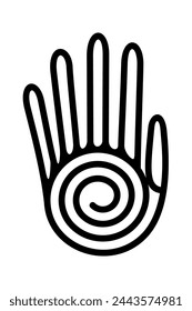 Human hand with spiral, healing hand symbol of native Americans. Decorative Aztec clay stamp motif, found in pre-Columbian San Andres Tuxtla, Veracruz. Fingers connected with a linear spiral as palm.