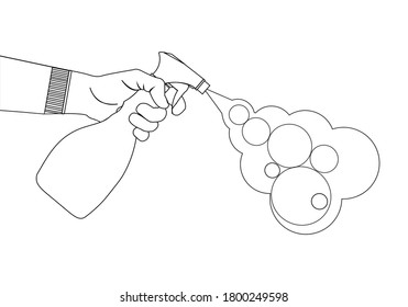 Human hand sprays antiseptic from a spray bottle. Antibacterial spray in a plastic bottle. The liquid disinfects the surface and kills viruses and germs. healthcare. Vector image, black lines.
