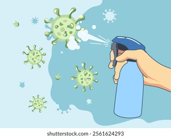 Human hand sprays antiseptic spray. Disinfection service, bottle of cleaning antibacterial agent, aerosol fight against bacteria, sanitizer poster cartoon flat isolated vector concept