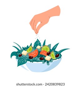 A human hand sprinkles salt on a salad with vegetables. Sprinkle by hand. Cooking food. The salad dressing icon. Vector graphic illustration isolated on a white background