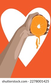 Die menschliche Hand presst Orange und auf dem Hintergrund ist ein großes weißes Herz