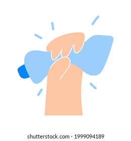 Human hand squeeze plastic bottle. Hand drawn illustration on white background. 
