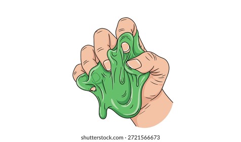 Mano humana exprimiendo una Grande cantidad de baba verde brillante o sustancia pegajosa que muestra textura y movimiento de goteo.