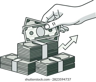 Human Hand Stacking Cash Banknotes Vector Illustration Featuring Bundles of Dollar Paper Money and Financial Growth Arrow