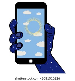 Human hand as starry night holding cell phone with sunny day on its screen display. Creative concept. Link between opposites.