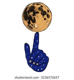 Human hand as starry night sky holding full moon on index fingertip. Creative funny concept.