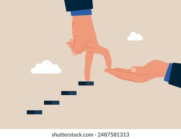 Human hand start climbing stair for successful career achievement. Future success. first step. Flat vector illustration.