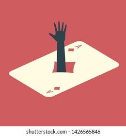 Human hand sticking out of the ace of diamonds card. Gambling addiction conceptual illustration.