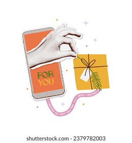 Human hand sticking out from the phone screen and giving gift box. Christmas concept in retro style. Mixed media halftone design. Vintage Vector illustration.