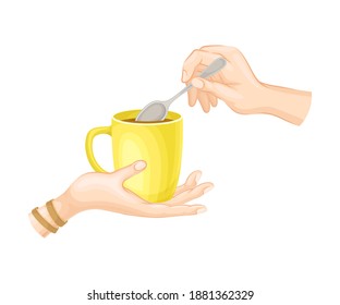 Human Hand Stirring Brewed Tea with Spoon Vector Illustration