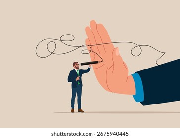 Human hand stop gesture. Pencil drawing and new ideas are prohibited. Business difficulty or struggle with career to overcome to success. Flat vector illustration