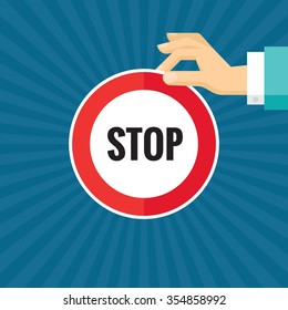 Human hand with stop sign - concept vector illustration in flat style for creative projects. Design element. 