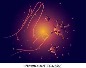 human hand stops virus cells vector illustration design