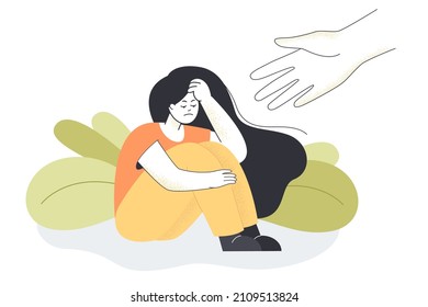 Human hand stretching to young unhappy girl sitting and hugging her knees. Person helping sad lonely woman to get rid of depression or stress flat vector illustration. Mental health, support concept