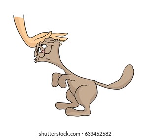Human hand stroking gentle happy cat. Cartoon vector illustration, isolated on white.