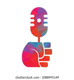 Human hand strongly holding mic microphone. Mic And fist logo concept design.