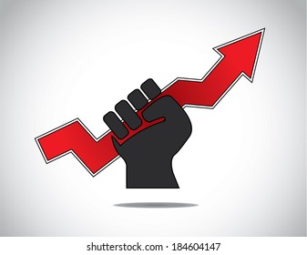 human hand strongly holding progress arrow of success concept. black human hand with folded fingers hold a red business arrow - determination to win & succeed symbol illustration art