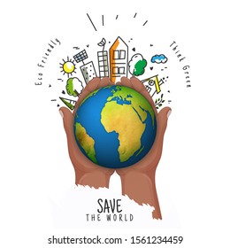 La mano humana apoya el globo terrestre con la vista de la ciudad sobre el fondo blanco para el concepto de Save The World.