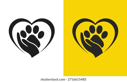 Una mano humana que sostiene una huella de pata dentro de un corazón, que simboliza el amor y el cuidado de las mascotas.
