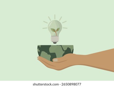 Human hand supporting planet Earth with eco-friendly light bulb containing plant sprouting above, representing sustainable energy and environmental care. Flat style. Vector illustration
