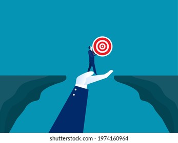 Human hand supporting walking businessman holding target between gap and giving the chance of development and success vector illustration