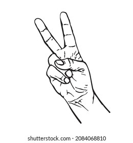 Mano humana, símbolo, gesto de V, paz, victoria. Ilustración dibujada por mano