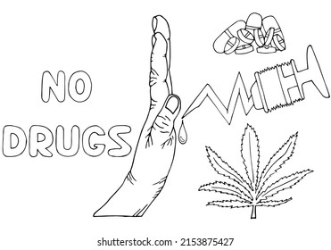 The human hand symbolically separates from drugs, on the right in the picture are drug pills, a syringe and marijuana, on the left is the inscription "No drugs".	