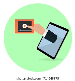A human hand from the tablet screen holds video player screen. Modern technology, media, video symbol flat vector illustration.